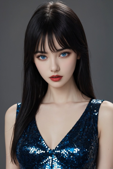 1girl,sexy stylish girl,edgy vibe,long black straight hair,(bangs:1.5),dark mascara,eyeliner,pale skin,dark cheeks,expressive red lips,almond shaped eyes. (blue eyes:1.35),slim and long face. Very european look. Dimples,smoky eye makeup,Defined jawline,slim legs,small breast,slim body,perfect supermodel body. Blue high-cut sequin dress,extremely detailed,glamorous-photo,She looks very sensual and sexy. Aroused. Perfect Hands,gray background,(standing:1.2),(cleavage:1.2),(looking at viewer:1.3),(slim body type:1.2),(large breast size:1.2),plain gray background,tan thigh highs,,1 girl