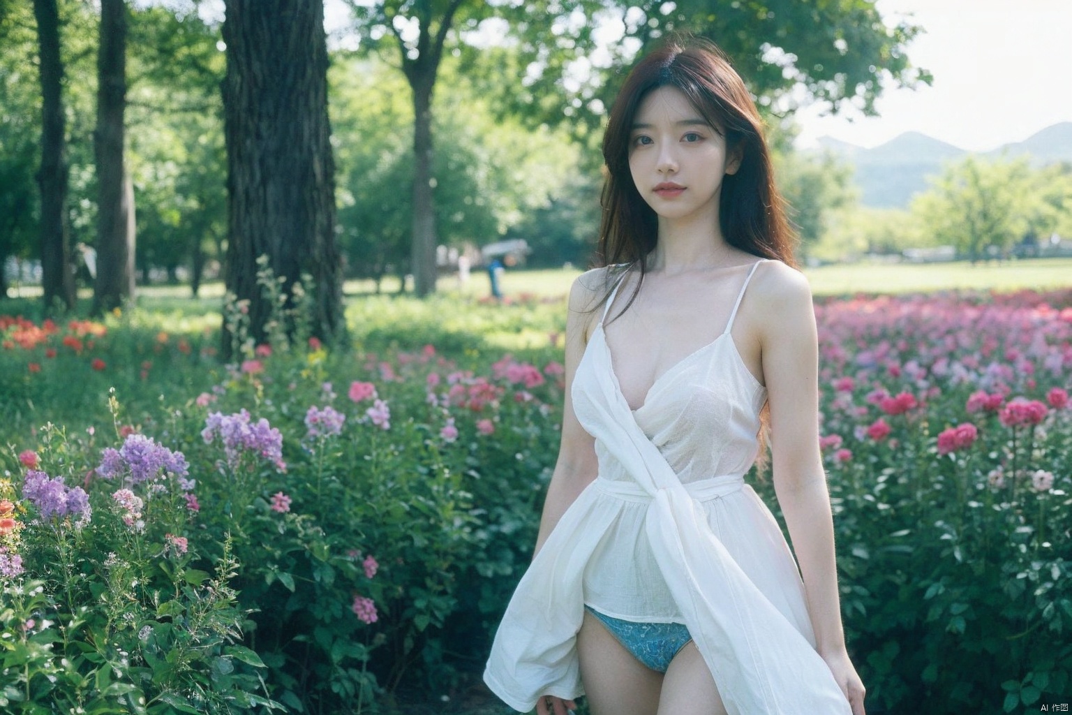  best quality, masterpiece, ultra high res,1girl, big breast, looking at viewer,pure color background,1girl, Completely undressed, No underwear, standing, bare shoulders, long bare legs, full body, naked, whole body, beautiful big eyes, 3d, black hair, blurry, blurry background, blurry foreground, depth of field, flower, flower field, standing, photo \(medium\), realistic, sand, solo, yosshi film
