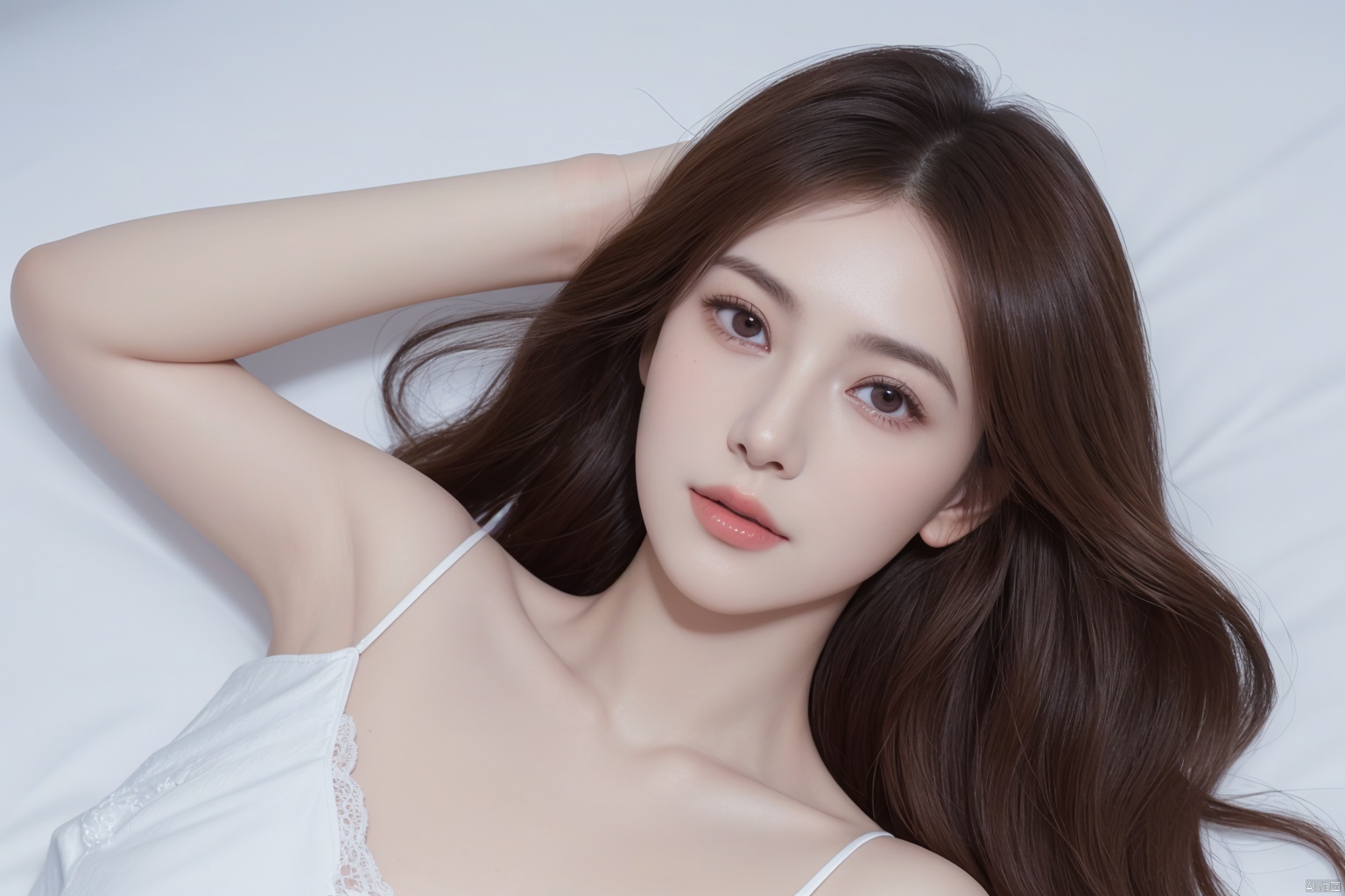  Photo of a 25-year-old European girl, raw, Beautiful woman, (Extra long wavy light brown hair), very large breats, tanned, ((Portrait)), ((Detailed face:1.2)), ((detailed facial featureinely detailed skin), pale skin, , wrapped in a sheet, Bedroom environment, Lying on the bed, (cold color), moist, moist, Reflectorasutepiece) (perfectly proportions)(photos realistic)(Best Quality) (Detailed) photographed in a Canon EOS R5, 50mm Lens, F/2.8, nffsw, (8K) (Wallpaper) (Cinematic lighting) (Dramatic Lighting) (foco nítido) (Convoluted) Fashion, From above, yuanyuan