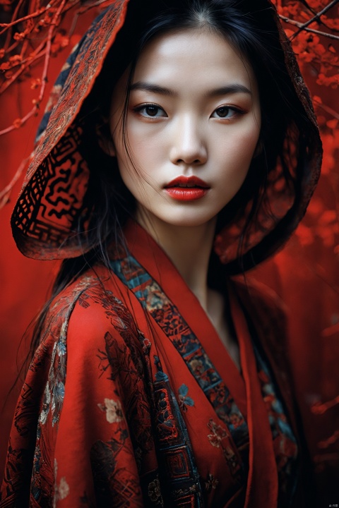 (Soft Lighting Photography by Mimoza Veliu and Mario Giacomelli:1.2),Close-up face, mysterious silhouette of a chinese girl in worn down clothing, red cosmetic over face, goddess, alluring, by Minjae Lee, Carne Griffiths, Emily Kell, Steve McCurry, Geoffroy Thoorens, Aaron Horkey, Jordan Grimmer, Greg Rutkowski, amazing depth, double exposure, surreal, geometric patterns, intricately detailed, bokeh, perfect balanced, deep fine borders, artistic photorealism , smooth, great masterwork by Suiras 