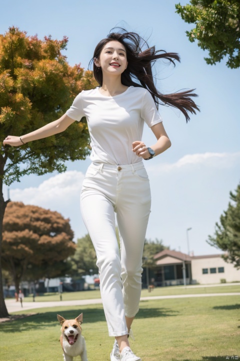  High quality, illustrations,watercolor:0.5, 1girl, the movement style, run with a dog, white shirt, white pants, one arm to wear sports watches, clouds, in the face of lens, the tree, the outdoors,cheerful candy \(module\),