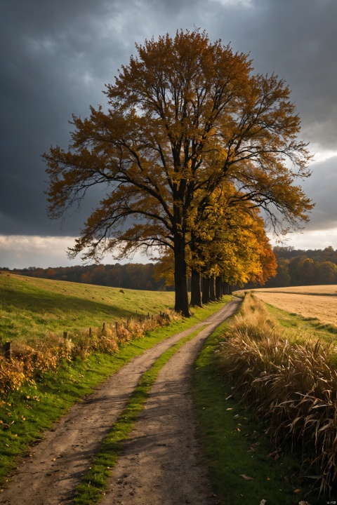 professional photo,photo of autumn landscape,dramatic lighting,gloomy,cloudy weather,