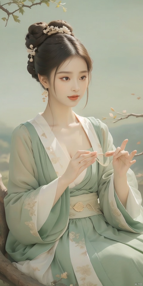  a woman in a green dress sitting on a tree branch with a bird flying over her head and a bird flying over her head,1girl,hanfu,hair ornament,black hair,long sleeves,chinese clothes,shawl,holding,jewelry,solo,long hair,full body,dress,tassel,earrings,tree,forehead mark,wide sleeves,breasts,hair stick,flower,hair bun,green dress,cleavage,bird,closed mouth,norfleet,Best quality,masterpiece,ultra high res, chinese clothes, ,feng, wangzuxian, Detail