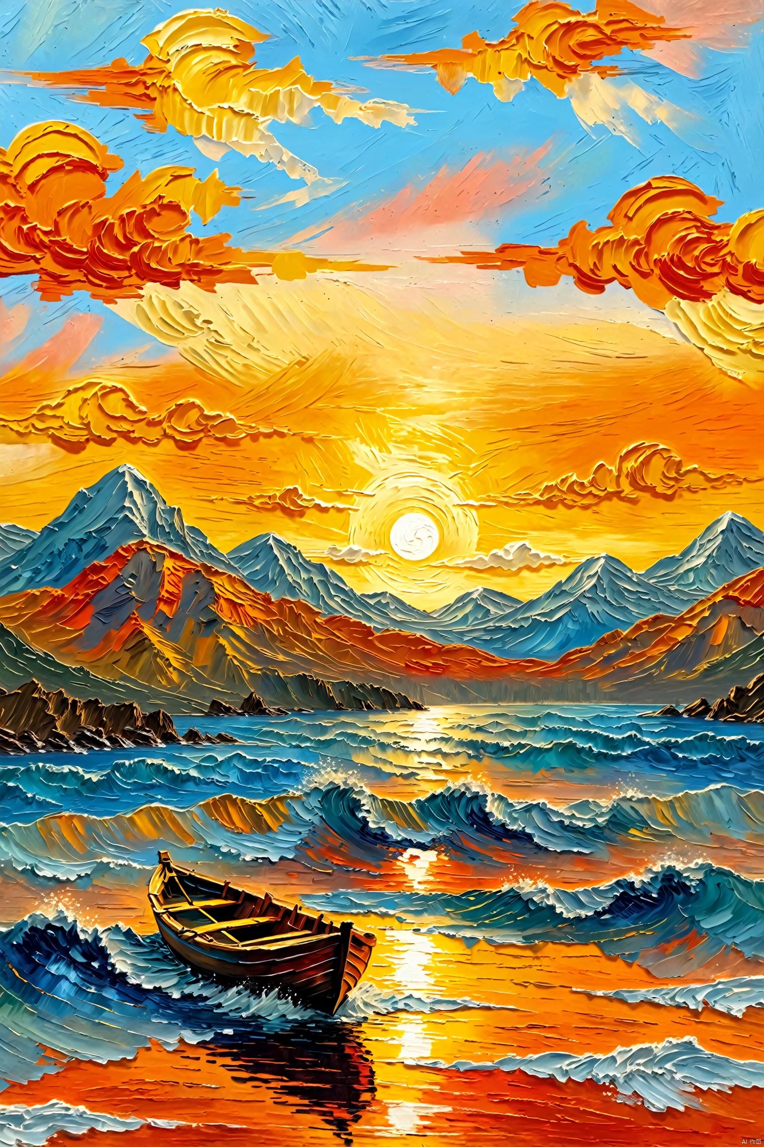  Impressionism fine art impasto on canvas by Van Gogh. Blissful sunset hues.outdoors, sky, cloud, water, no humans, ocean, cloudy sky, scenery, reflection, sunset, mountain, sun, watercraft, waves, boat, orange sky,airbrush painting. Atmospheric, moody, rustic.