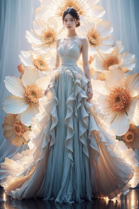  Soft light, full_body, Magazine cover,masterpiece, 1 girl, luminous skirt, luminous skirt, white background, standing in front of french window, blue and orange lights, clear details, floating hair, delicate facial features, extremely beautiful face, Flowers, best quality, sparkling dress