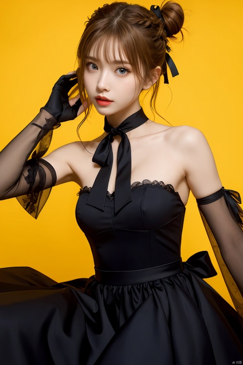  masterpiece,1girl,solo,looking at viewer,bangs,blonde hair,simple background,dress,ribbon,bare shoulders,hair ribbon,yellow eyes,braid,sidelocks,small breasts,black gloves,elbow gloves,hair bun,black ribbon,sleeveless dress,single hair bun,yellow background,french braid,lolita fashion,black border,artoria pendragon \(fate\),saber,, artoria pendragon \(fate\), caiyi, qianrenxue, yunqing,blue eyes