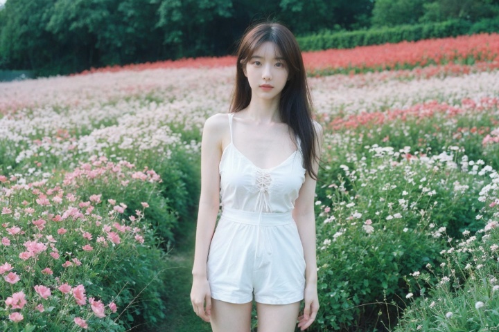  best quality, masterpiece, ultra high res,1girl, big breast, looking at viewer,pure color background,1girl, Completely undressed, No underwear, standing, bare shoulders, long bare legs, full body, naked, whole body, beautiful big eyes, 3d, black hair, blurry, blurry background, blurry foreground, depth of field, flower, flower field, standing, photo \(medium\), realistic, sand, solo, yosshi film