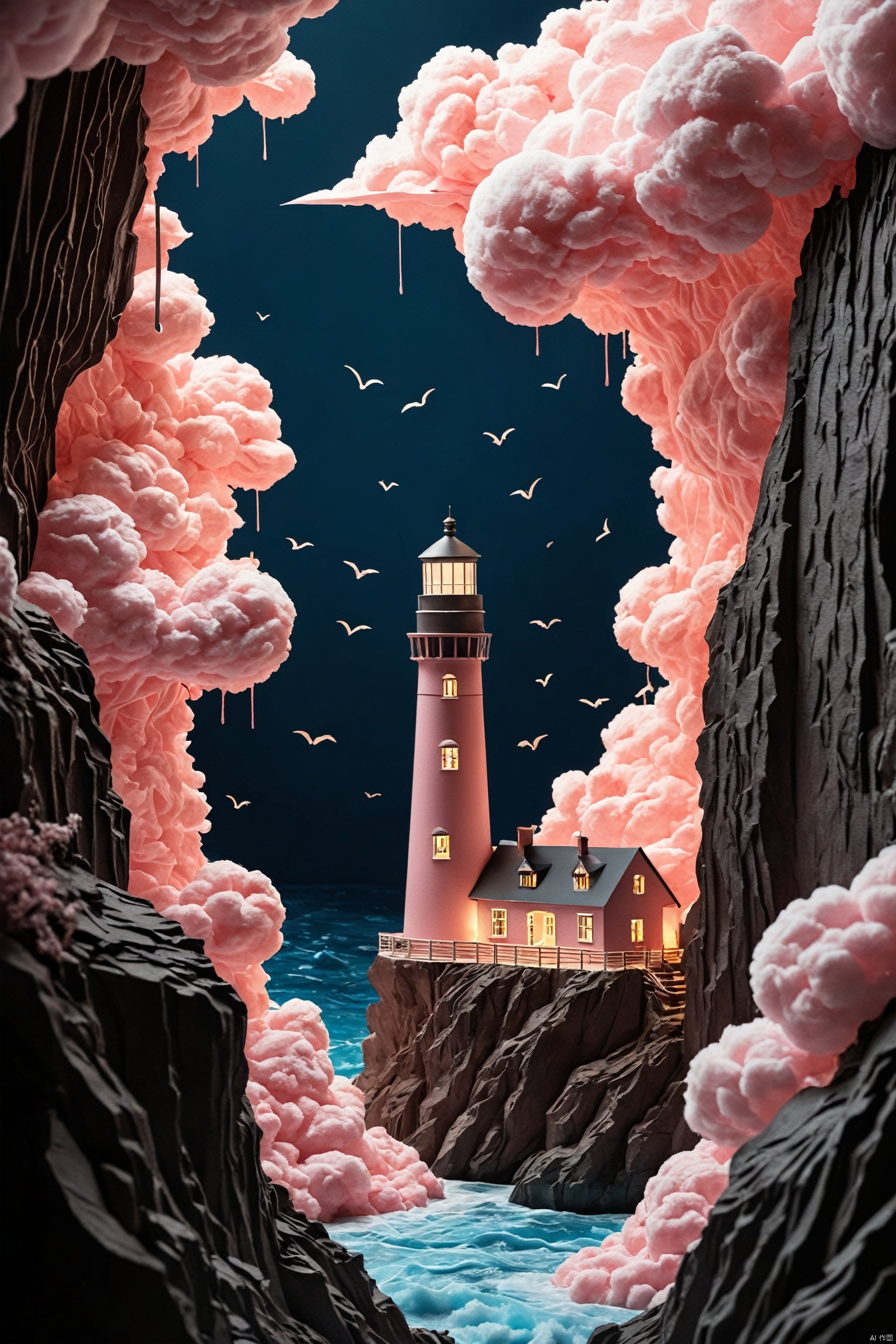 Glow-in-the-dark lighthouse on a cotton candy cliff. 
many details, extreme detailed, full of details
papercut, hole through foreground, paper hole
(prompt by @让AI更感性:0.01)
 