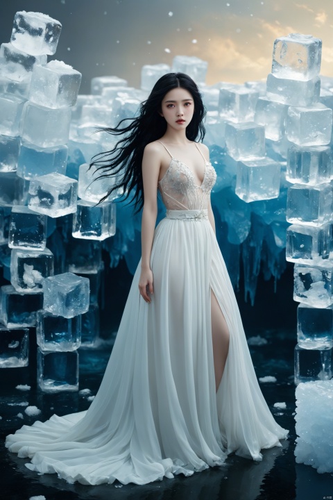 1girl,black hair,white dress,surrounded by many ice cubes,(full body:1.3),long skirt, A photograph showcasing Zhang Jingna's style,(Zhang Jingna's signature style),ethereal and dreamlike subjects,rich and nuanced color palettes,(emotional depth),elegant compositions,artistic lighting,1 girl