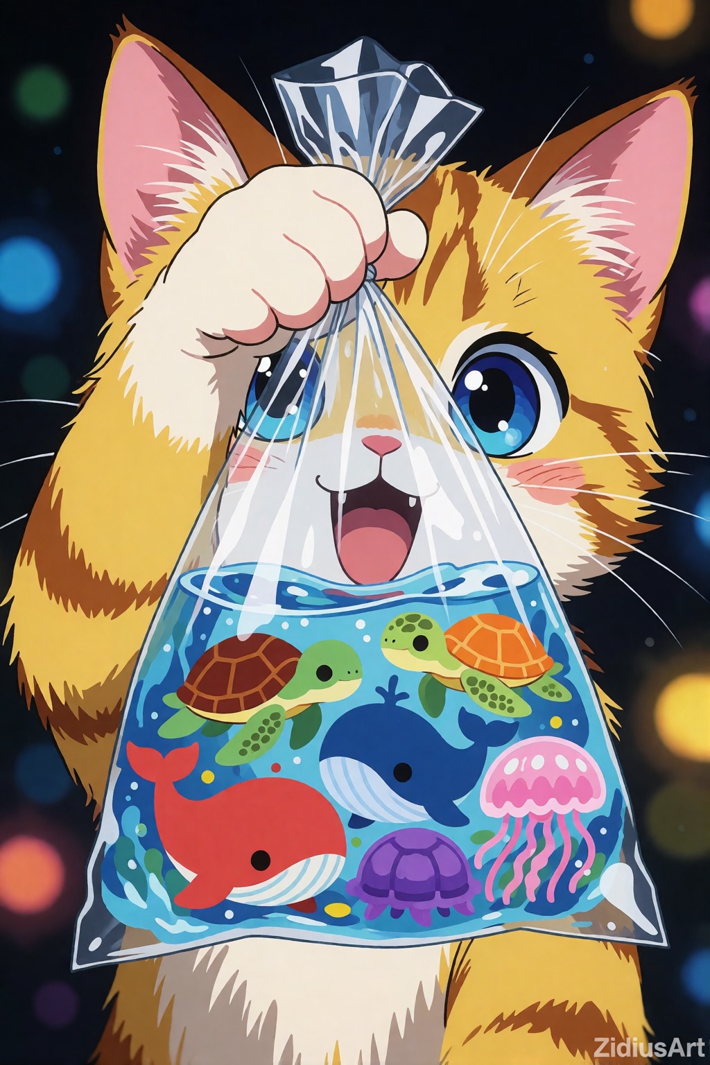 An excited anime-style kitty holding a tied plastic baggie full of water between their thumb and forefinger,  the water co...