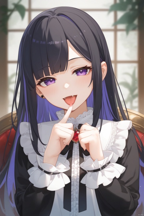  score_9_up,score_8_up,score_7_up,1girl, solo, 
Long hair, black hair, purple gradient hair, purple eyes, blunt bangs, hair over one eye, 
gothic, lace_trim, long sleeves, frilled shirt, detached_sleeve,
upper body, (half-closed eyes), (chibi:0.3), 
blurry_foreground, night,
looking at viewer, tongue out, fang, finger_to_mouth,
masterpiece,bestquality, [artist:AGM86997980],artist:ciloranko,artist:wlop,[artist:sho_(sho_lwlw)],artist:ask(askzy),[artist:yuriTizu],[artist:ciloranko],[[artist:sola_syu]],[artist:morikura_en],