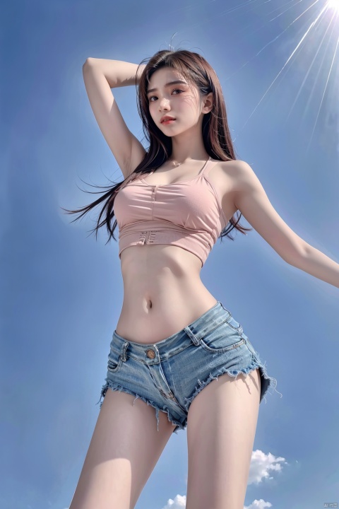  masterpiece,best quality,ultra high res,1girl,midriff focus,tashan shorts,mottledsunlight,Blue sky, camera angle shot from above, tashan shorts, 1 girl, yangshi, realistic