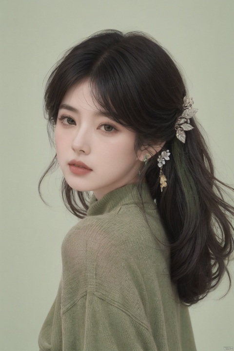  1girl, solo, looking at viewer, bangs, black hair, brown eyes, jewelry, closed mouth, upper body, earrings, medium hair, from side, sweater, lips, makeup, leaf, plant, green background, green theme, green sweater, realistic, Chinese style, 30710, white pantyhose