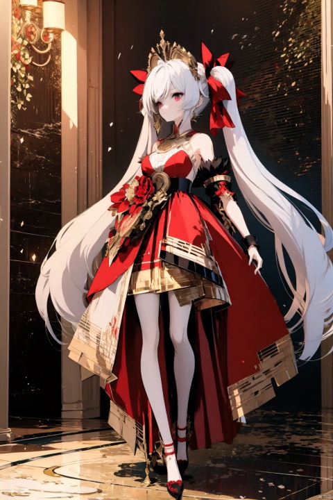  purple red and gold trim, fantasy, lolita dress, petticoat, twin tails, white hair, gold hair ribbon, red eyes, thick hair, super long hair, full body, floor length hair