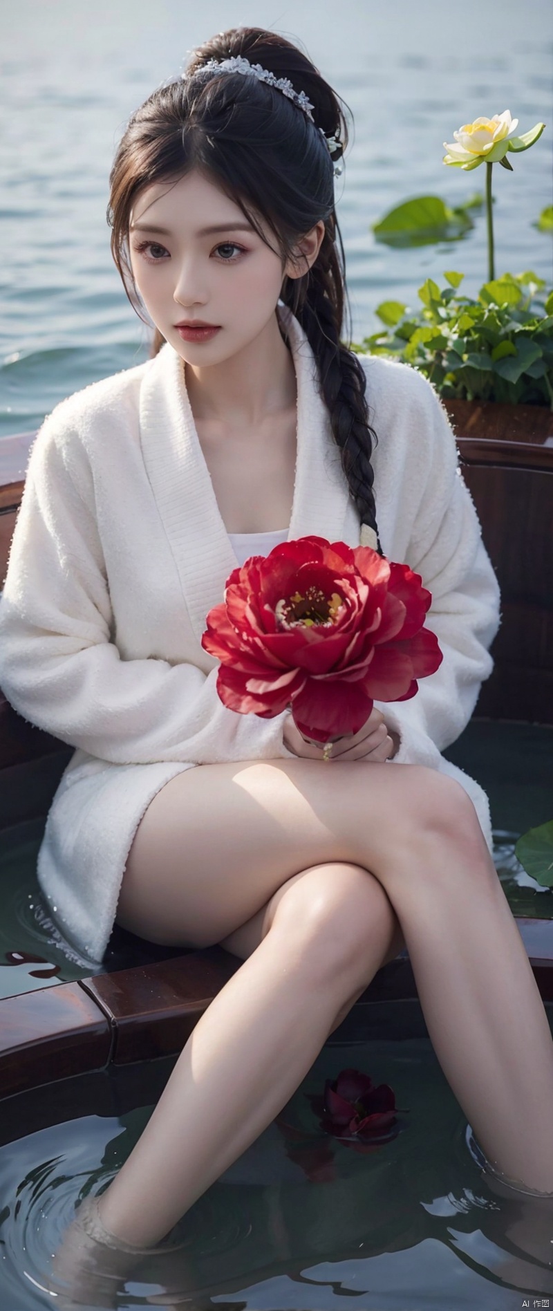  loli,petite,long hair,floating hair,messy hair,1girl,white hair, white jacket,afloat, air bubble, bathtub, beach, berry, blue eyes, blue flower, bouquet, bow, braid, bubble, camellia, caustics, clover, coral, daisy, floral background, flower, food, fruit, hibiscus, horizon, hydrangea, in water, leaf, lily \(flower\), lily of the valley, lily pad, long sleeves, looking at viewer, lotus, ocean, partially submerged, petals on liquid, pink flower,purple flower, rain, red flower, ripples, rose, sailor collar, shallow water, snowflakes, soaking feet, solo, submerged,waves, white rose, yellow flower, jiajingwen