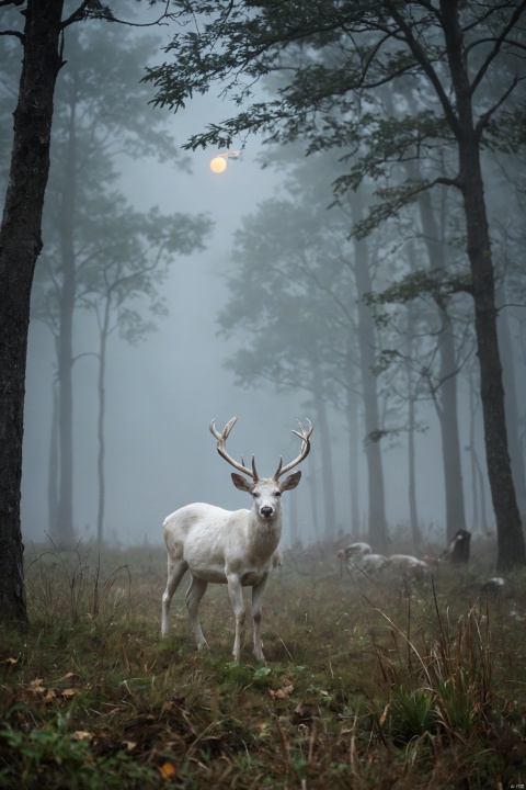 outdoors, horns, tree, no humans, animal, moon, nature,grass,  scenery, forest, antlers,white deer,deep in the forest,Thick fog,近距离拍摄,