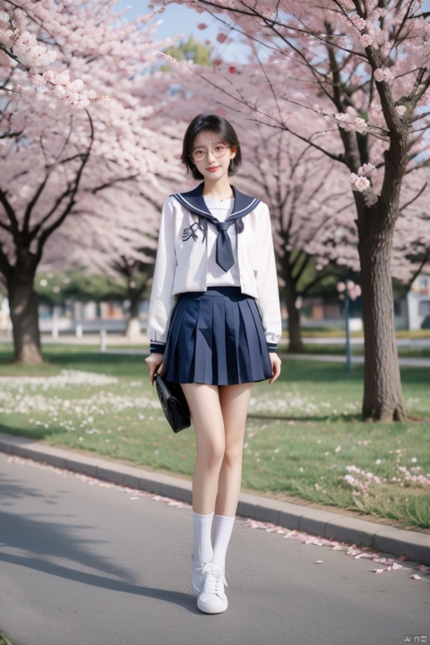  JK, 1 girl, glasses, short hair, school uniform, skirt, sneakers, body, cherry blossom background, petals falling, 1girl, little girl, a girl