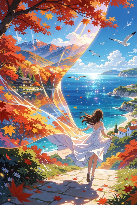 @NIJISIS, 
A bright, whimsical anime scene of an adult woman with long brown hair wearing a flowing elegant white summer dress, running away from the camera along a sunlit stone pathway on a beautiful coastal hillside. She looks back slightly while holding and pulling the corner of an enormous flowing fabric sheet behind her with one hand. Her dress and hair are lifted by the strong sea breeze, creating a vivid sense of motion.
The gigantic translucent fabric billows dramatically across the left and upper part of the composition like a giant sail or magical curtain. The fabric is covered with vivid autumn maple leaves in red, orange and golden yellow. Printed within the fabric is a breathtaking autumn mountain landscape: colorful maple forests surrounding a tranquil lake, traditional Japanese wooden houses beside the water, distant snow-capped mountains, warm golden autumn sunlight and reflections on the lake.
The fabric visually transforms the autumn landscape into the real coastal landscape surrounding the woman. Beyond the flowing fabric is a brilliant Mediterranean-style coastline with an intensely blue ocean, sparkling sunlight across the water, white sailboats, distant islands and rocky cliffs with white seaside houses. Several seagulls fly through the clear blue sky.
Create a magical seamless transition between the autumn mountain world on the fabric and the sunny Mediterranean seaside world outside it, while keeping the two environments visually distinct. The giant fabric should dominate the upper-left foreground and curve dramatically toward the woman's hand, creating a strong sweeping diagonal leading line.
Dynamic wide-angle composition, low-to-medium camera angle from behind, woman positioned toward the lower-right area, enormous fabric filling the left foreground, strong foreground-midground-background separation, dramatic perspective, flowing fabric creating depth and movement.
Brilliant clear blue sky, radiant warm sunlight, sparkling ocean highlights, soft atmospheric clouds, luminous golden-hour illumination, vivid autumn reds and oranges contrasting against turquoise-blue ocean and sky.
Beautiful polished anime illustration, cinematic anime background art, clean detailed linework, vibrant colors, soft cel shading, luminous highlights, painterly environmental details, highly detailed foliage and architecture, dreamy fantasy realism, cheerful and adventurous atmosphere.
Strong sense of wind and motion, flowing hair, fluttering dress, billowing fabric, falling autumn leaves, flying seagulls, sparkling ocean, cinematic visual storytelling.
16:9 widescreen composition.