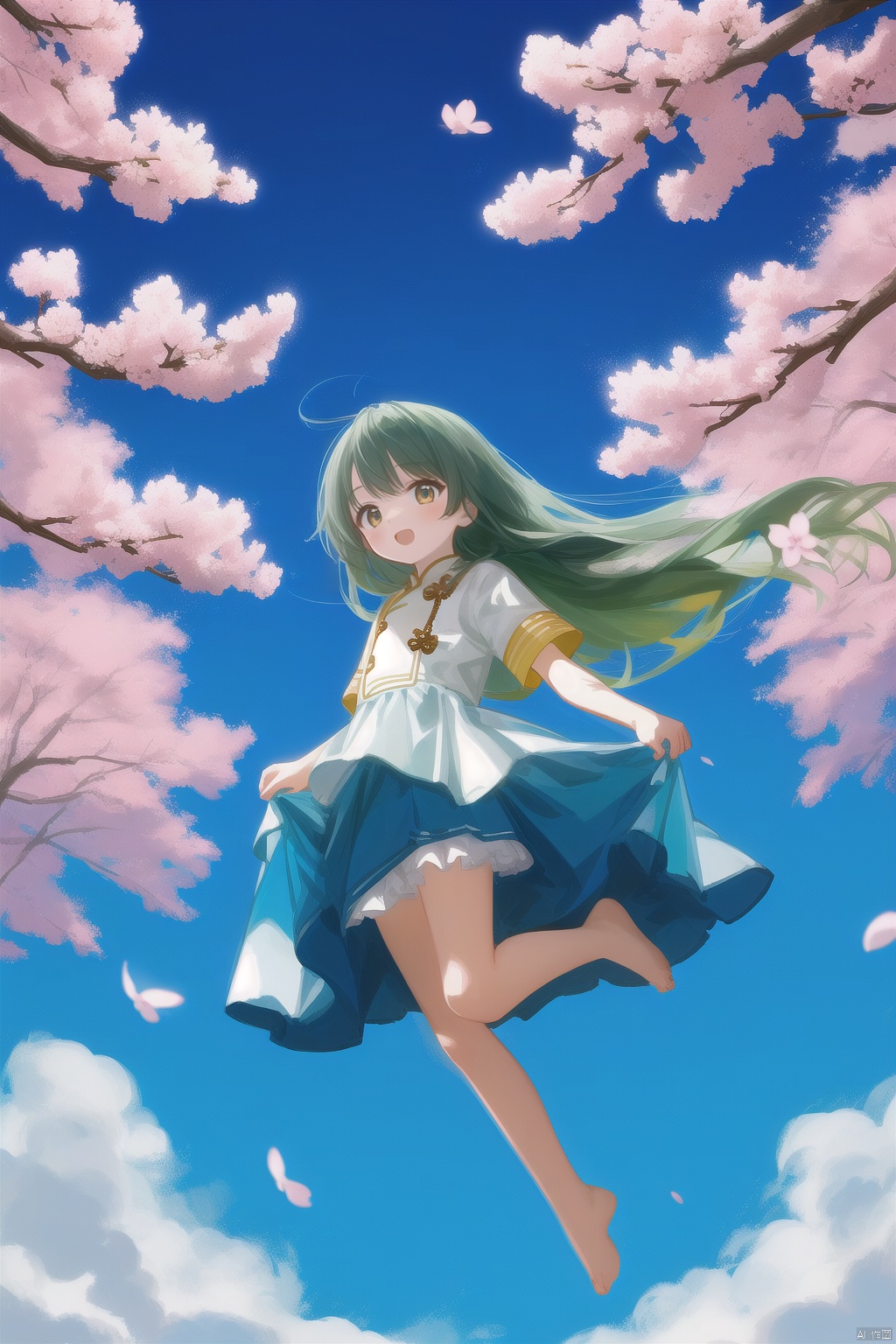  Best Quality, Super High Resolution, a girl (full body photo,) outdoors, white clothes, blue skirt, JK uniform, uniform, full chest, long legs, long hair fluttering, cherry blossom background, blue sky, White Clouds, breeze, turn your face sideways and look to the side, tutututu, lvshui-green dress, jiqing, babata