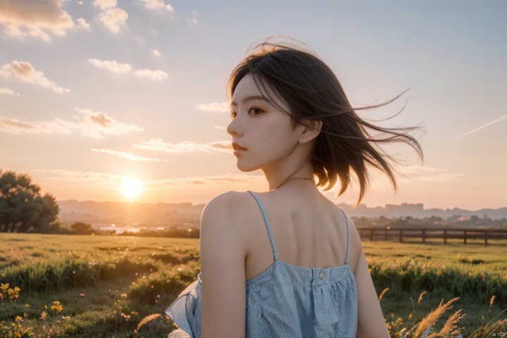 Best quality,masterpiece,ultra high res,photorealistic,raw photo,unity 8k wallpaper, panorama, cinematic lighting, on grass, sunset, dappled sunlight, golden hour lighting, backlighting, blurry background, (lens flare), wind, pastel colors, soft light, 1girl,floating short hair, sad,upper body, girl