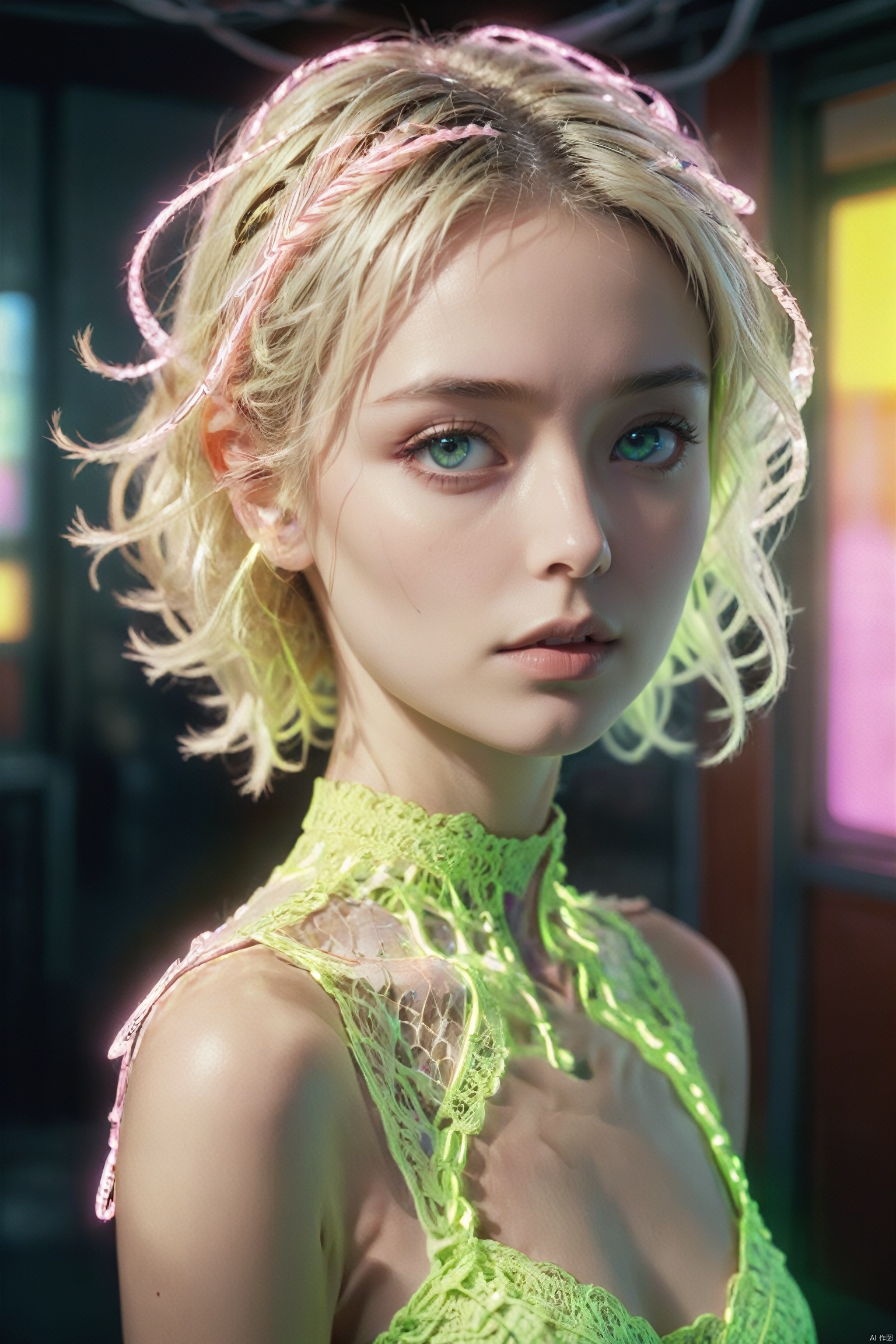 neon-death-cult woman,wearing (neon-colored-lace made from neon wires:1.4), arrogant look, small round face with  pronounced_cheekbones, small_chin,   blonde spiral_twist,  highly detailed , strong contrast, intricate details, volumetric light, 16k HDRI,  lot of details, high quality,  dramatic atmosphere, atmospheric perspective, subsurface scattering, transparency,  analog style, film photography, sharp focus, soft focus, cinematic psychedelic lighting, heavy shadow
