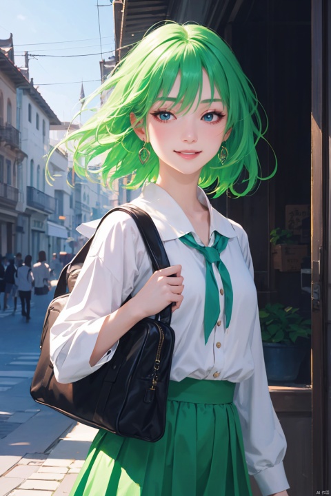  a woman in a green skirt, short hair, light green hair, earring, fluffy hair, black tie, smile, lovely fave, beautiful anime portrait, palace, carrying a schoolbag, digital anime illustration, beautiful anime style, a beautiful fantasy young girl, anime illustration, anime fantasy illustration, beautiful character painting, trending on artstration,（\personality\）, (/qingning/), (\MBTI\)
