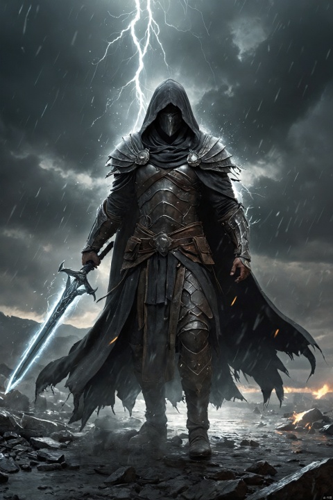 concept art hidden face, mysterious, hooded, full body, dark enigmatic warrior, standing, storm of falling shards, glowing ethereal giant heavy thick sword in hand, warriorâs intricate armor, tattered cloak that billows in the wind, atmosphere is charged with an otherworldly energy, fantasy realism, dramatic lighting, detailed textures to bring the scene to life, digital artwork, illustrative, painterly, matte painting, highly detailed