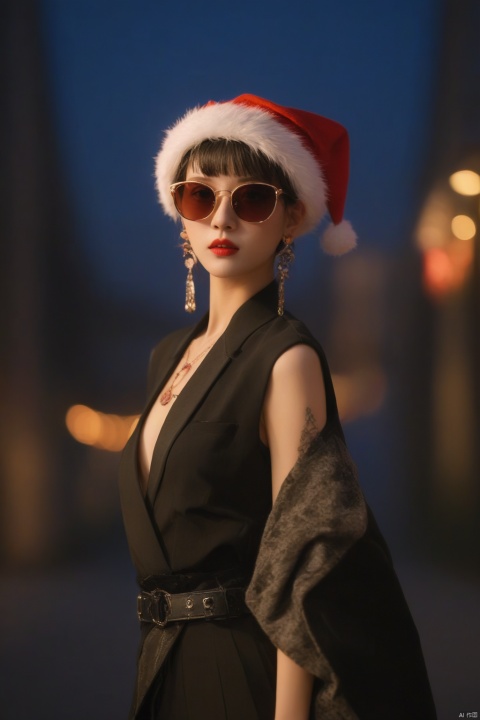  High quality, masterpiece, punk, 1girl , evening, chinese clothes,Christmas hat,(sunglasses),lighting,depth of field,sexy ,earrings ,jewelry,