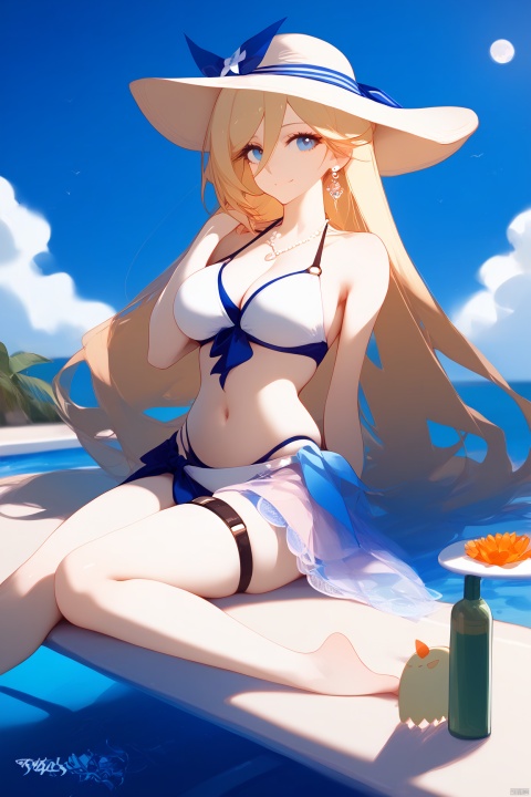  score_9,score_8_up,score_7_up,1girl,solo,outdoors,sitting,smile,blonde_hair,hand_in_own_hair,long_hair,medium_breasts,cleavage,barefoot,feet,legs,navel,thighs,toes,earrings,necklace,highres,armband,beach_chair,beach_umbrella,bianka_durandal_ataegina,blue_eyes,blue_sky,closed_mouth,cloud,contrail,day,flower,hat_ribbon,layered_bikini,moon,pool_ladder,poolside,reflective_water,sarong,sun_hat,thigh_strap,white_bikini,mole_under_eye,score_4,score_5,score_6,lowres,(bad),text,error,fewer,extra,missing,worst quality,jpeg artifacts,low quality,watermark,unfinished,displeasing,oldest,early,chromatic aberration,signature,extra digits,artistic error,username,scan,[abstract],