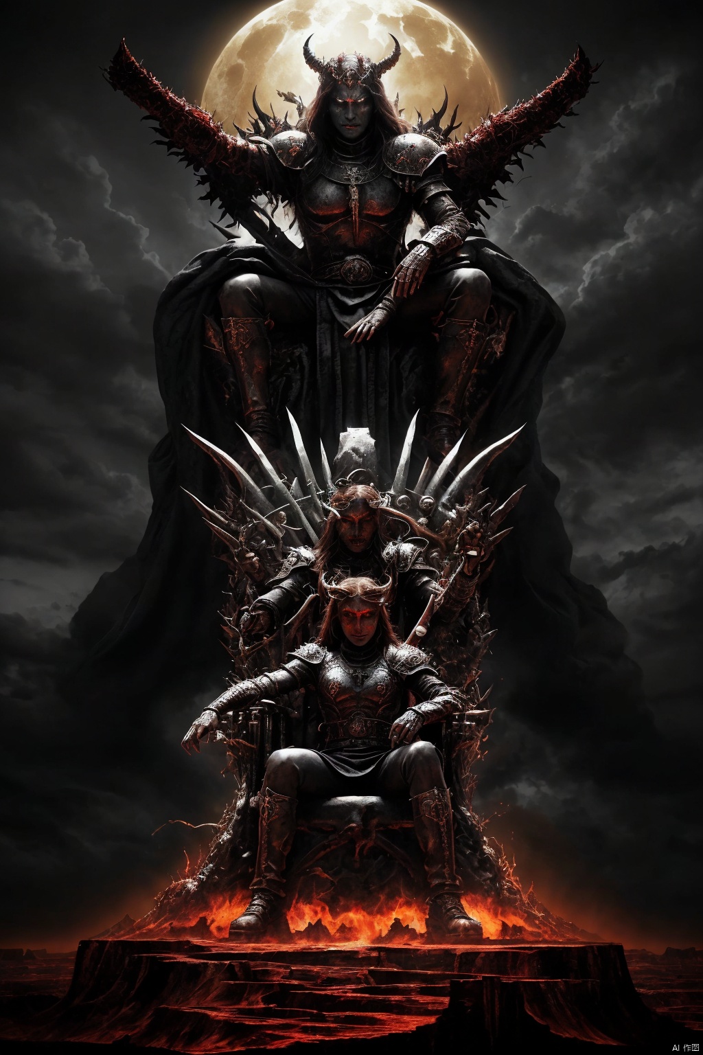  Imagine a scene where the demons, having conquered heaven, now sit upon thrones of bone and flesh, ruling over their new domain with an iron fist. The colors are dark and oppressive, with the once bright and vibrant landscape of heaven now twisted and corrupted by demonic influence.