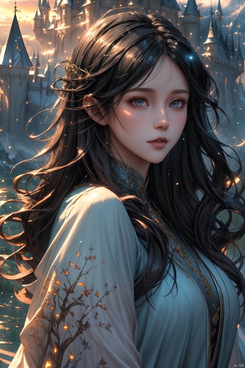  Role-playing game (RPG) style fantasy, a large town up in the mountains, fantasy art, landscape, surrounded by a wall, river, luminous particles in the air, luxurious castle,  eerie, magical lighting, sunset, professional painting, detailed architecture, depth of field, Detailed, vibrant, immersive, reminiscent of fantasy RPG games, 1 girl
