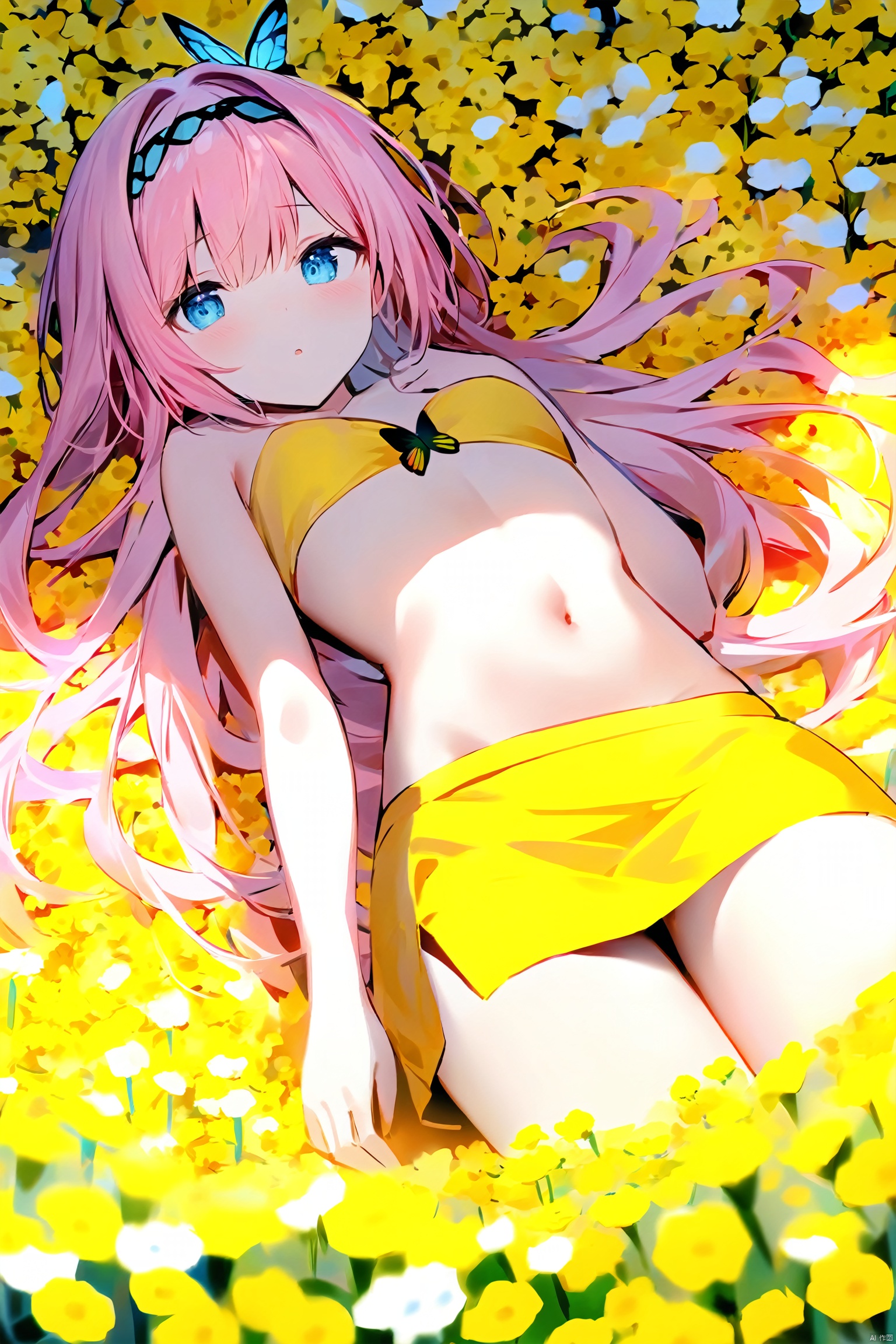 score_9, score_8_up, score_7_up, 1 girl, (light yellow skirt) , multi-colored hair, pink hair, butterfly headband, white motor headset, (rape flower) , flower field, flower sea, rape flower field, yellow painting, body, lie down, navel, white transparent skin, soft light from above, masterpiece, best quality, 8k, HDR, Light master, detailed