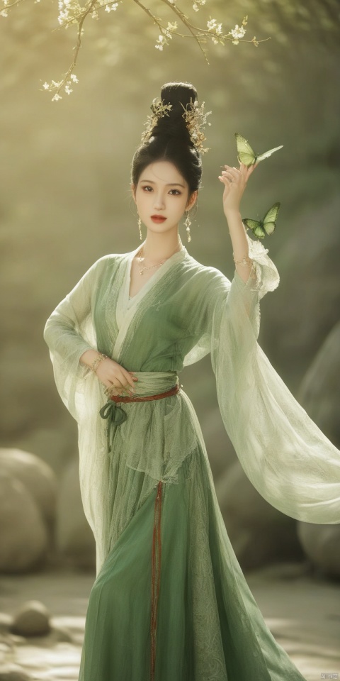  a woman in a green dress sitting on a tree branch with a bird flying over her head and a bird flying over her head,1girl,hanfu,hair ornament,black hair,long sleeves,chinese clothes,shawl,holding,jewelry,solo,long hair,full body,dress,tassel,earrings,tree,forehead mark,wide sleeves,breasts,hair stick,flower,hair bun,green dress,cleavage,bird,closed mouth,norfleet,Best quality,masterpiece,ultra high res, chinese clothes, ,feng, wangzuxian, Detail, guofeng, FilmGirl