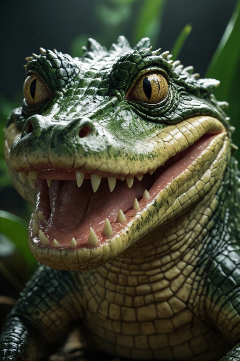 Super Closeup Portrait, Envision a whimsical fantasy world where a colossal cute, huge, and irresistibly mini crocodile takes center stage. Picture the carnivores with a mischievous charm, its translucent dark-green surface reflecting a soft glow. 
very detailed, hd, RAW photograph, masterpiece, top quality, best quality, official art,highest detailed, atmospheric lighting, cinematic composition, complex multiple subjects, 4k HDR, vibrant, highly detailed, Leica Q2 with Summilux 35mm f/1.2 ASPH, Ultra High Resolution, wallpaper, 8K, Rich texture details, hyper detailed, detailed eyes, detailed background, dramatic angle, epic composition, high quality , (8k, RAW photo, highest quality), hyperrealistic,