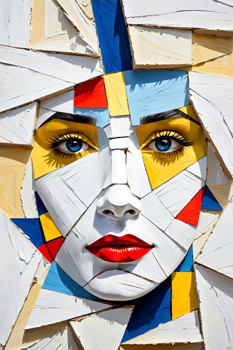 A human face fragmented and reassembled in the style of Cubism