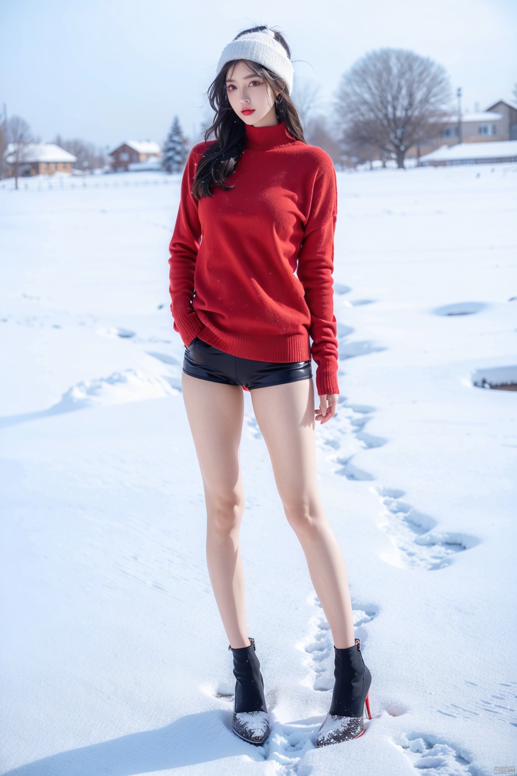  Full-body photos of a girl, red sweater, bare long legs, high heels, winter, realism, HD 16K, snow, winter, 1girl,high_heels,underwear