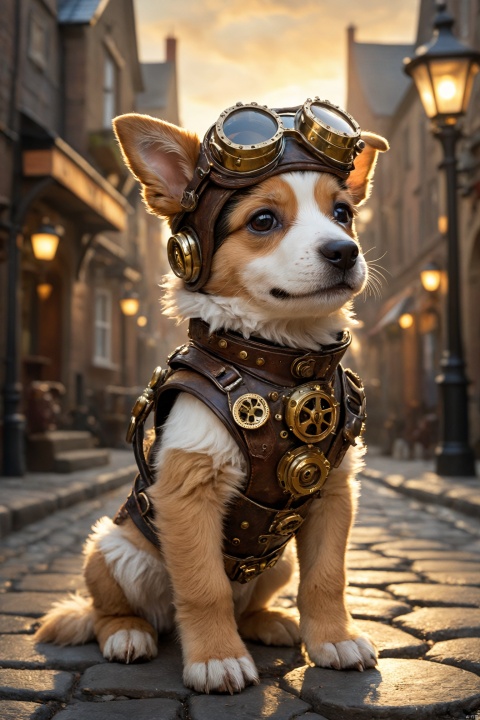 A steampunk puppy with brass gears embedded in its fur, wearing aviator goggles and a leather harness, sits regally on a cogwheel in a bustling old village. Cobblestone streets and vintage lampposts complete the scene, bathed in a warm, golden glow. (combines steampunk puppy with astronaut scene and detailed city environment) 
(masterpiece, award winning artwork)
many details, extreme detailed, full of details,
Wide range of colors, high Dynamic