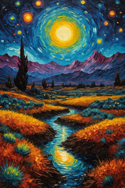 masterpiece, An oil painting of an alien planet, Van Gogh, galaxy in background, vibrant colors, best quality, highly detailed