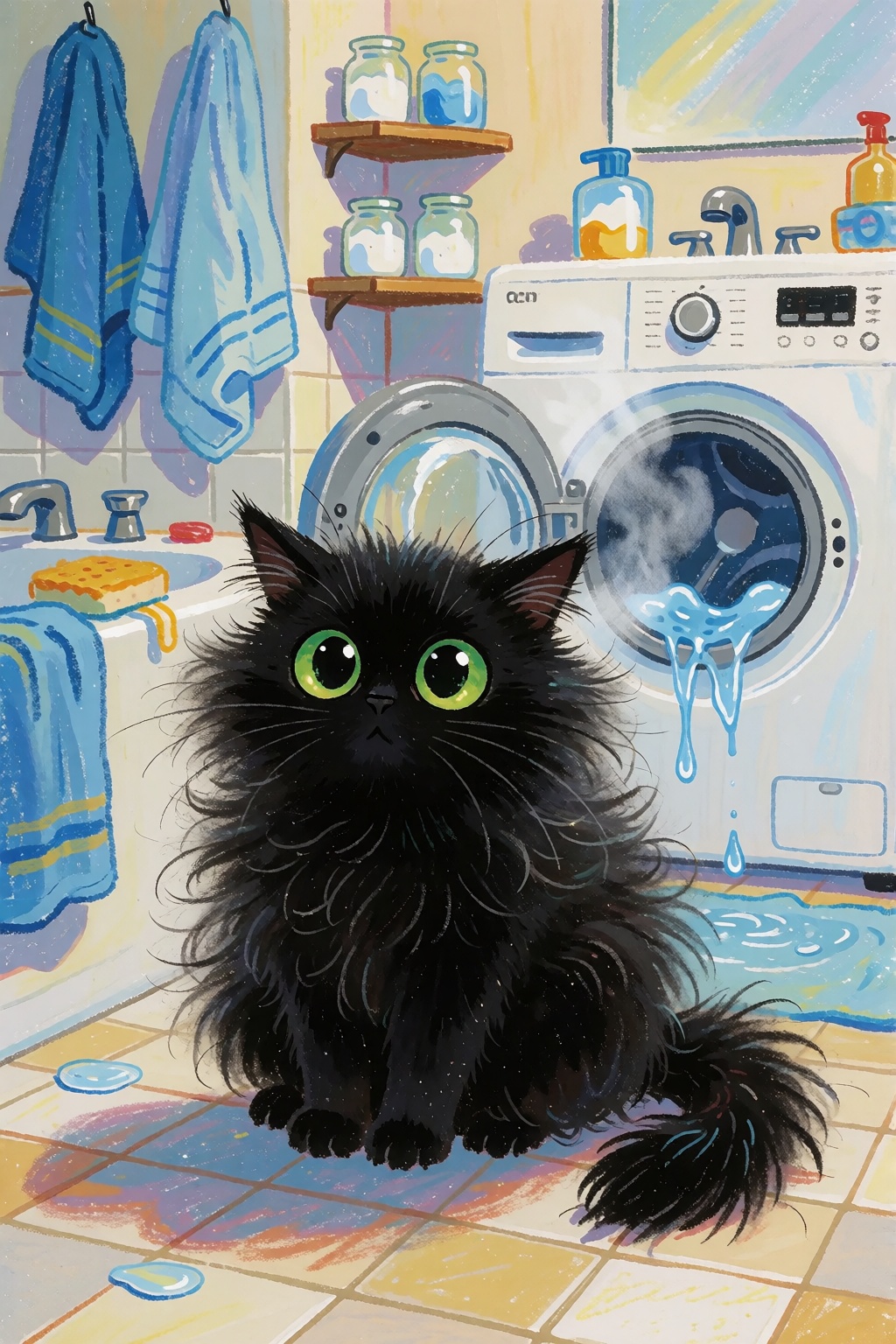 childlike crayon drawing,  In a small,  cozy bathroom by 让AI更感性 on Tensor.Art