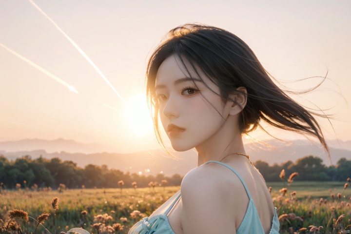 Best quality,masterpiece,ultra high res,photorealistic,raw photo,unity 8k wallpaper, panorama, cinematic lighting, on grass, sunset, dappled sunlight, golden hour lighting, backlighting, blurry background, (lens flare), wind, pastel colors, soft light, 1girl,floating short hair, sad,upper body, girl