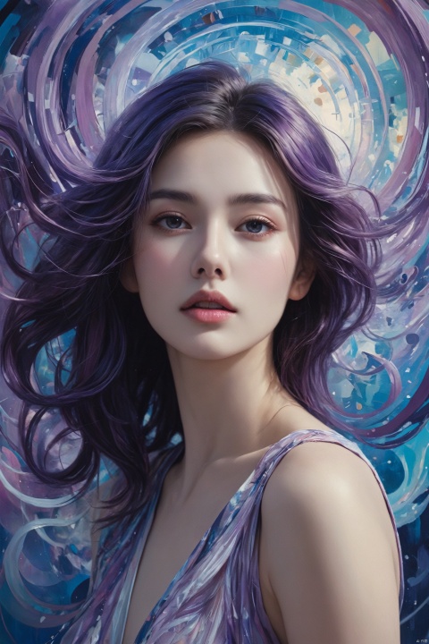 A surreal abstract piece depicting a woman's ethereal figure, set against a mesmerizing backdrop of swirling circular brushstrokes in shades of iridescent blue and purple. The subject's features blend seamlessly into the vibrant canvas, as if painted by the same strokes that dance across her face,1 girl