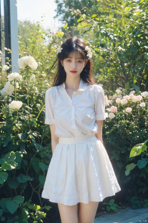 masterpiece, 1 girl,  Maiden, Look at me, Lovely, Long hair, Black hair, Outdoor, Garden, Soft light, Angel, White broken flower skirt, Huge flowers, textured skin, super detail, best quality, 8k, Light master, 1girl, HUBG_Film_Texture, film