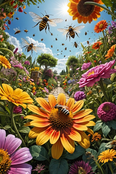 POV of a bug in a garden, gigantic flowers and plants, bees buzzing like helicopters, dewdrops sparkling, fisheye view Hyper-realistic, 16k resolution, intricate details.
(masterpiece, award winning artwork)
many details, extreme detailed, full of details,
Wide range of colors, high Dynamic