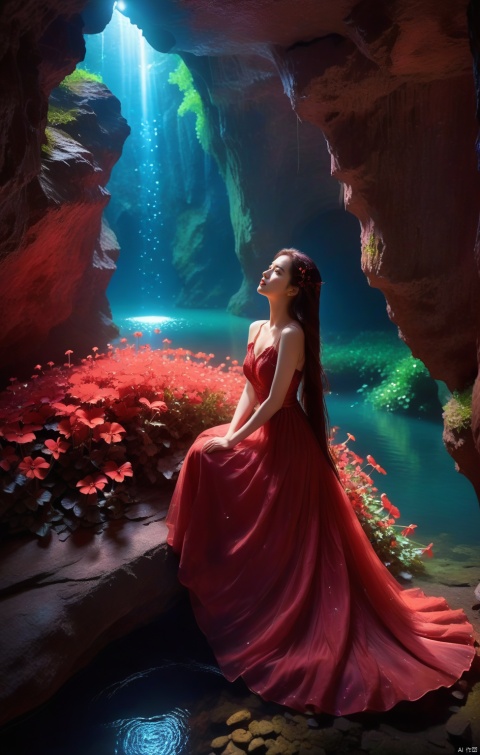 masterpiece,best quality,absurdres, incredibly absurdres, best quality, wallpaper, extremely detailed cg unity 8k wallpaper,, , , , ,noble,elegance,light rose red long hair,Rose red dress,nsfw,((((red Theme)))),((((Many red violets)))),Glowing red,mystery,Quiet,(((((A sea of red flowers))))),((((In a big darkness cave)))),Amethyst,((lake)),gorgenous light,light rays, a breathtaking view,(((((darkness))))),star,In a huge, dark cave,dream,((underground)), ,water,((pointy ears)),red mushroom,starlight,star,(little red flowers),((((many red cane vine)))),(((many little red butterfly))),red grass,(((many red petal))), ,backlight, 1girl, subway,high_heels