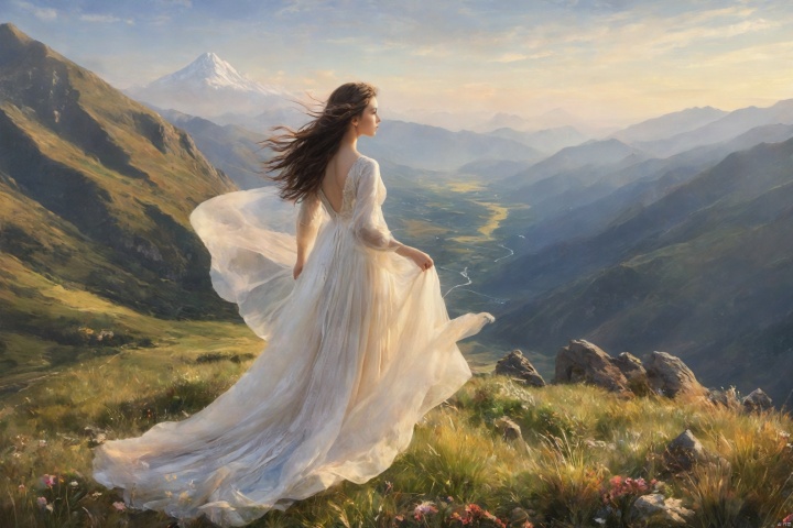  Best quality, masterpiece,realistic,A top a mountain, a girl looks out over a breathtaking vista of valleys and distant peaks. The wind gently plays with her hair as she stands in awe, the vastness of the landscape stretching out before her, a testament to the majesty of the natural world.