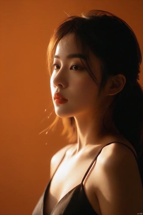  spotlight,1girl,upper body,dark theme,looking at viewer,parted lips,orange background,beautiful detailed skin,spotlight,dark theme, spotlight,dark theme,, silhouette,light master