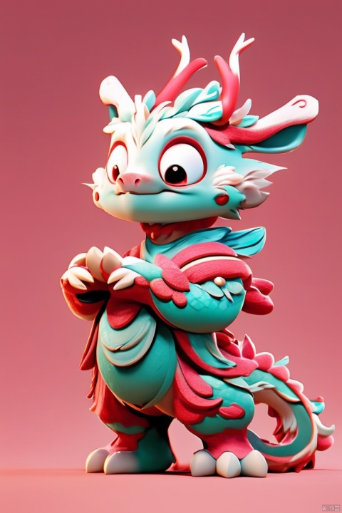 A cute IP cartoon Chinese dragon, antlers, two hands,Pink dragon scales, standing, anthropomorphic, big eyes, bright light, beautiful light, cute, surreal,3D, C4D, octane render, clean background,Cute, festive, and festive for the Chinese New Year,With red color background, little girl
