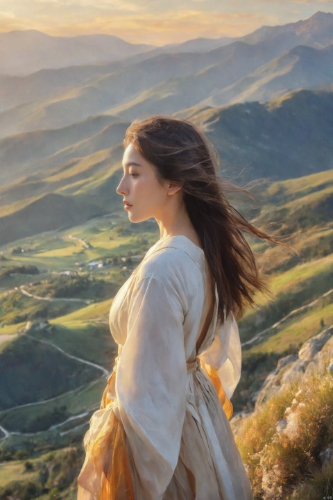 Best quality, masterpiece,realistic,cubist artwork Atop a mountain, a girl looks out over a breathtaking vista of valleys and distant peaks. The wind gently plays with her hair as she stands in awe, the vastness of the landscape stretching out before her, a testament to the majesty of the natural world.