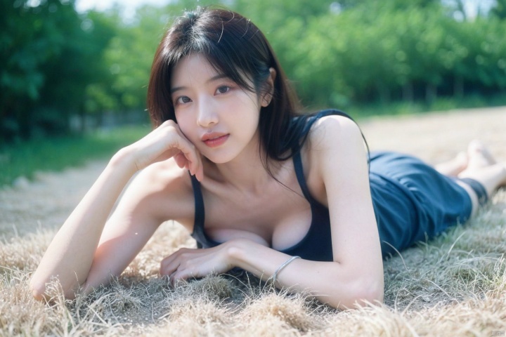  best quality, masterpiece, ultra high res,1girl, big breast, looking at viewer,pure color background,1girl, 3d, black hair, blurry, blurry background, blurry foreground, depth of field, flower, flower field, lying, photo \(medium\), realistic, sand, solo, yosshi film