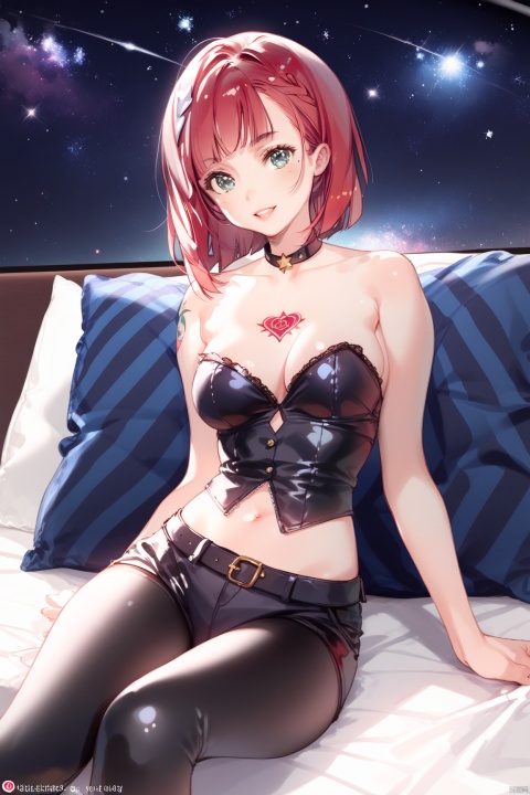 (score_10,score_9_up,score_8_up,score_7_up), hadrian,very strong contrast, dramatic Lighting, a woman with red hair and tattoos on her chest, sitting on a bed, black latex, her hair is the milky way, uhd candid photo of dirty, starry eyes, thick black lines, photo session, i_5589.jpeg, morrigan, arachne, instagram model, dressed in stars and planets, contorted, upscale photo, yuputuan